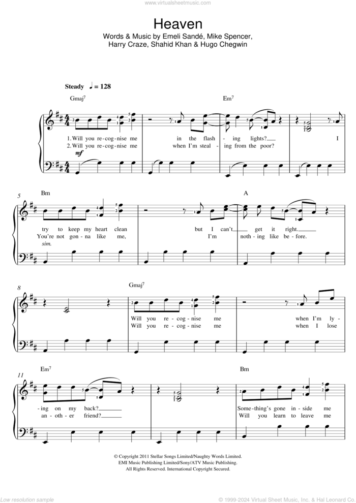 Heaven sheet music for voice and piano by Emeli Sande, Harry Craze, Hugo Chegwin, Mike Spencer and Shahid Khan, intermediate skill level