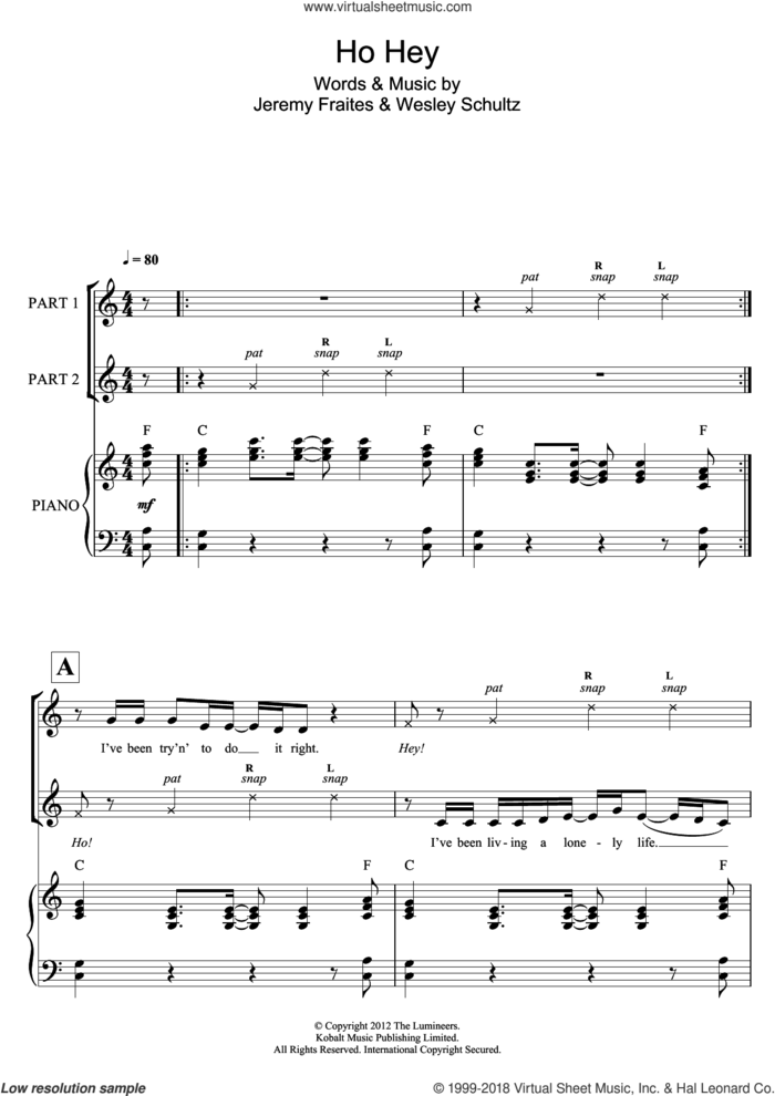 Ho Hey  (arr. Rick Hein) sheet music for choir by The Lumineers, Rick Hein, Jeremy Fraites and Wesley Schultz, intermediate skill level
