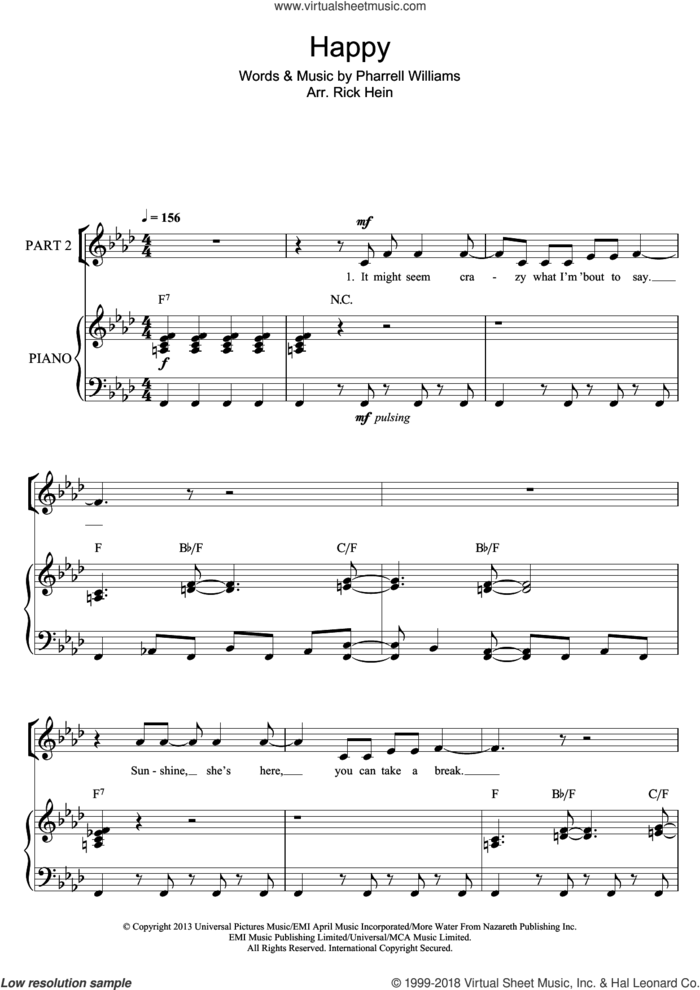 Happy (arr. Rick Hein) sheet music for choir by Pharrell Williams and Rick Hein, intermediate skill level