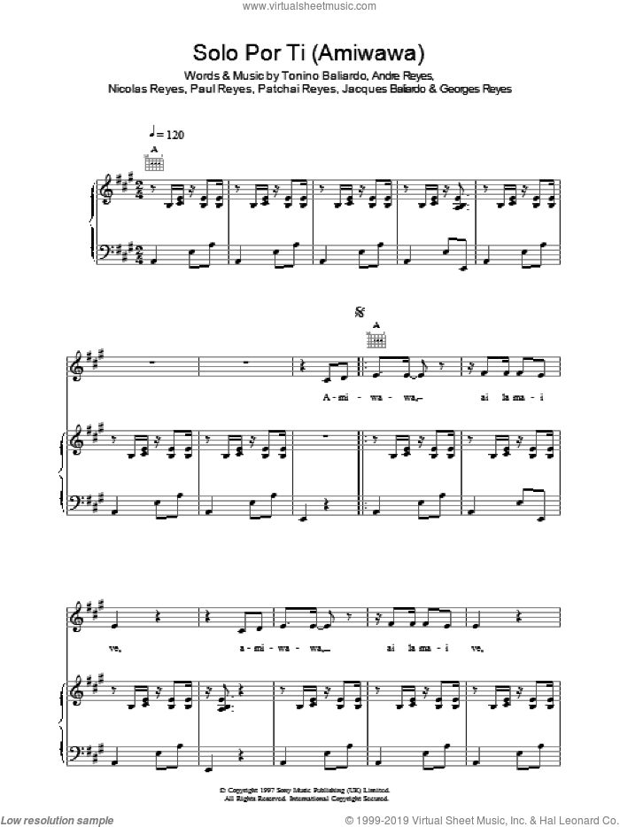 Solo Por Ti (Amiwawa) sheet music for voice, piano or guitar by The Gipsy Kings, Andre Reyes, Georges Reyes, Jacques Baliardo, Nicolas Reyes, Patchai Reyes, Paul Reyes and Tonino Baliardo, intermediate skill level