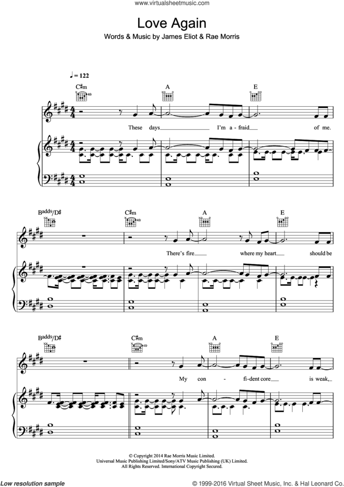 Love Again sheet music for voice, piano or guitar by Rae Morris and James Eliot, intermediate skill level