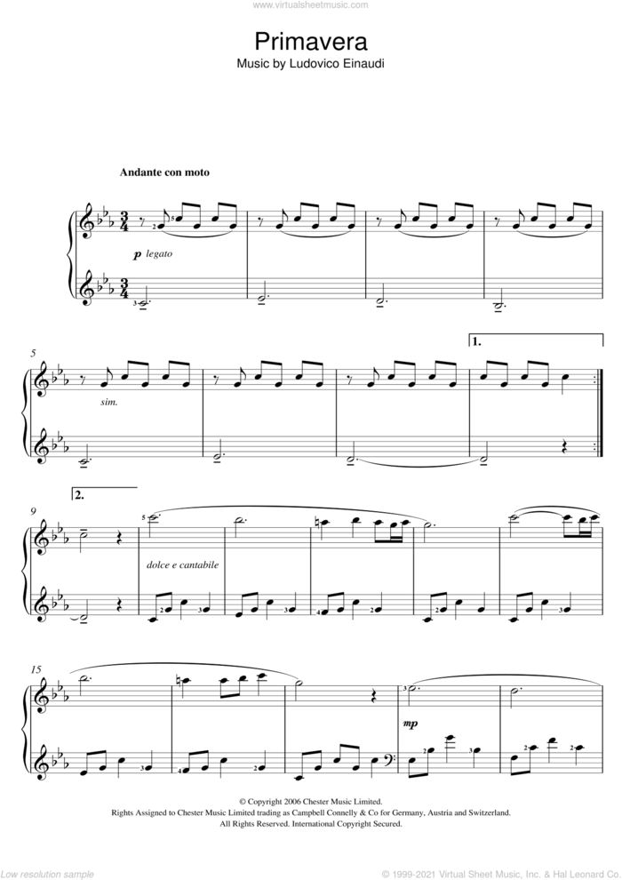 Primavera sheet music for voice and piano by Ludovico Einaudi, classical score, intermediate skill level