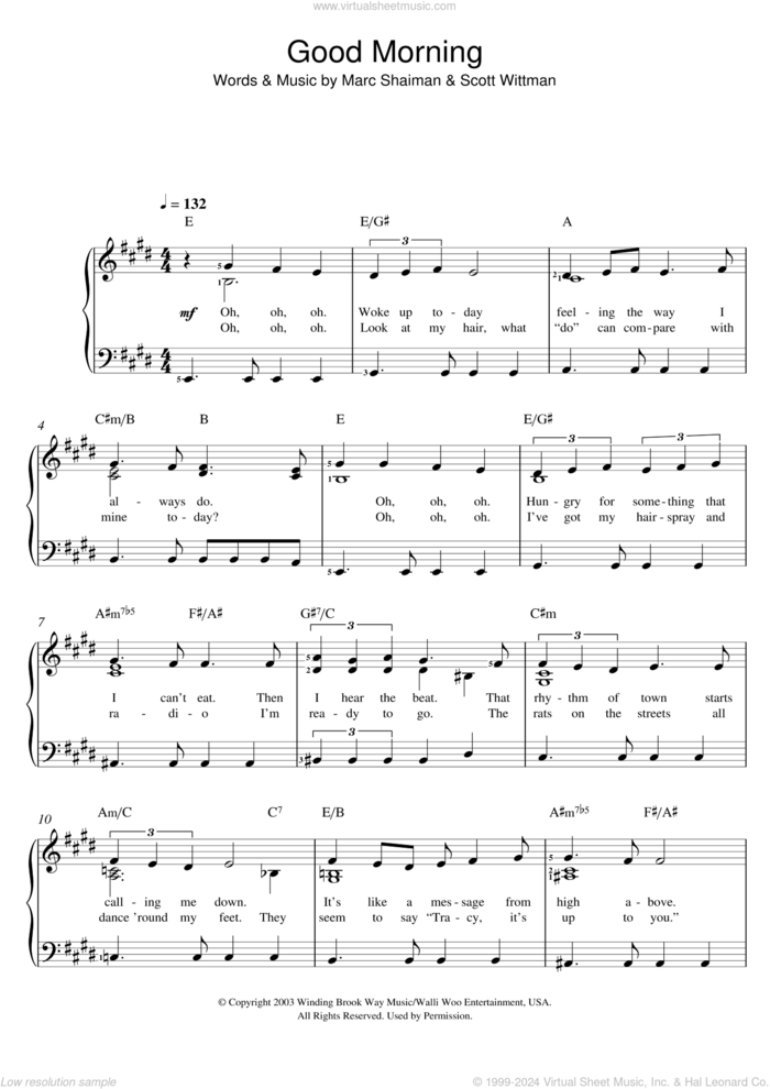 Good Morning Baltimore (from Hairspray) sheet music for piano solo by Marc Shaiman and Scott Wittman, easy skill level