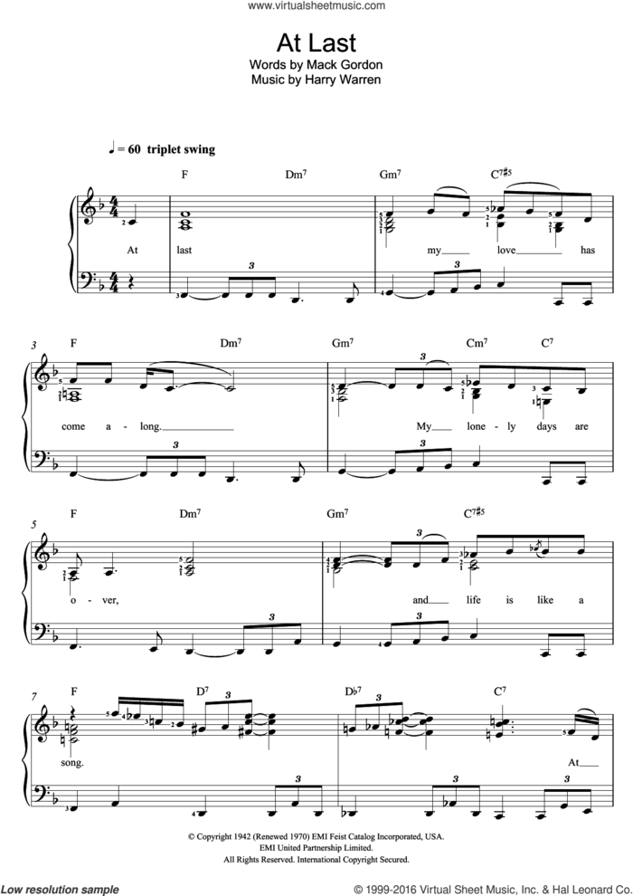 At Last sheet music for voice and piano by Etta James, Harry Warren and Mack Gordon, intermediate skill level