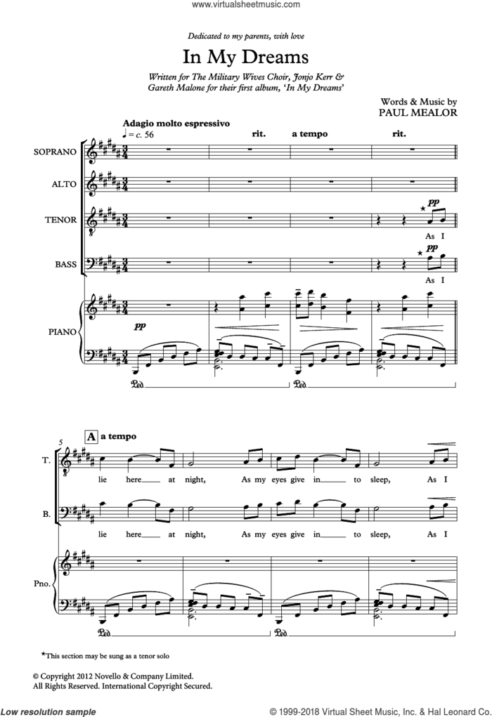 In My Dreams sheet music for choir by Paul Mealor and Military Wives, classical score, intermediate skill level