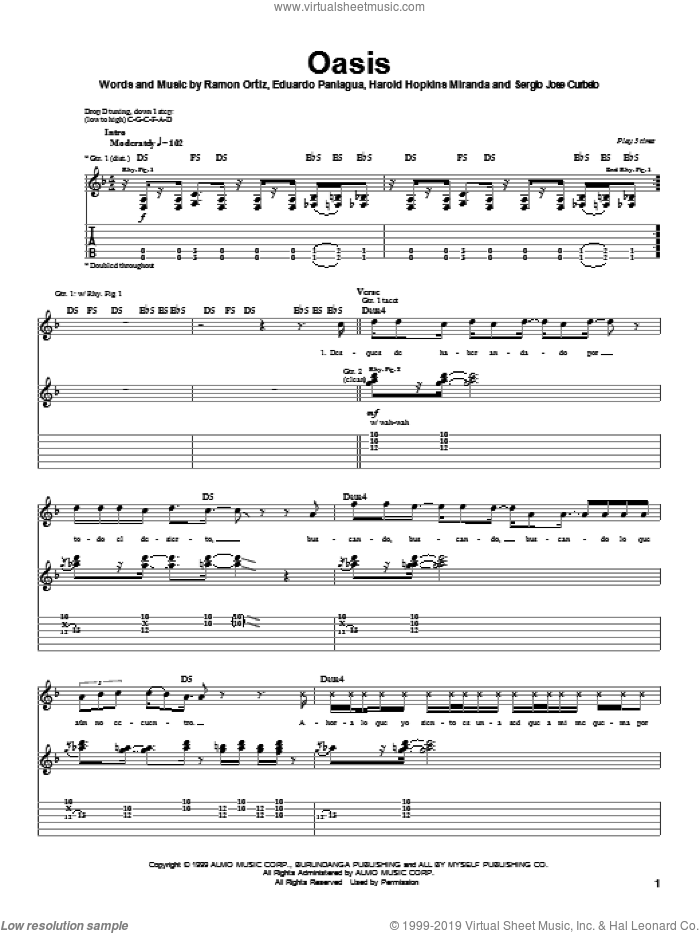 Oasis sheet music for guitar (tablature) by Puya, Eduardo Paniagua, Harold Hopkins Miranda and Ramon Ortiz, intermediate skill level