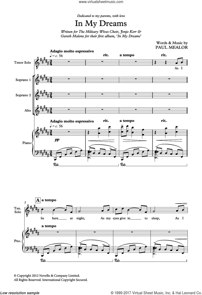 In My Dreams sheet music for choir by Paul Mealor and Military Wives, classical score, intermediate skill level