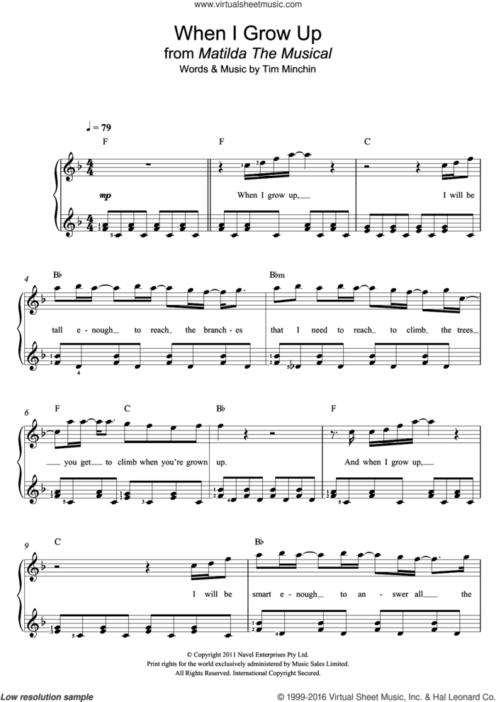 When I Grow Up (From 'Matilda The Musical') sheet music for voice and piano by Tim Minchin, intermediate skill level