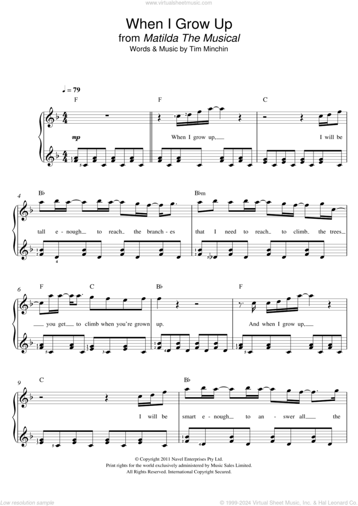 When I Grow Up (From 'Matilda The Musical') sheet music for voice and piano by Tim Minchin, intermediate skill level