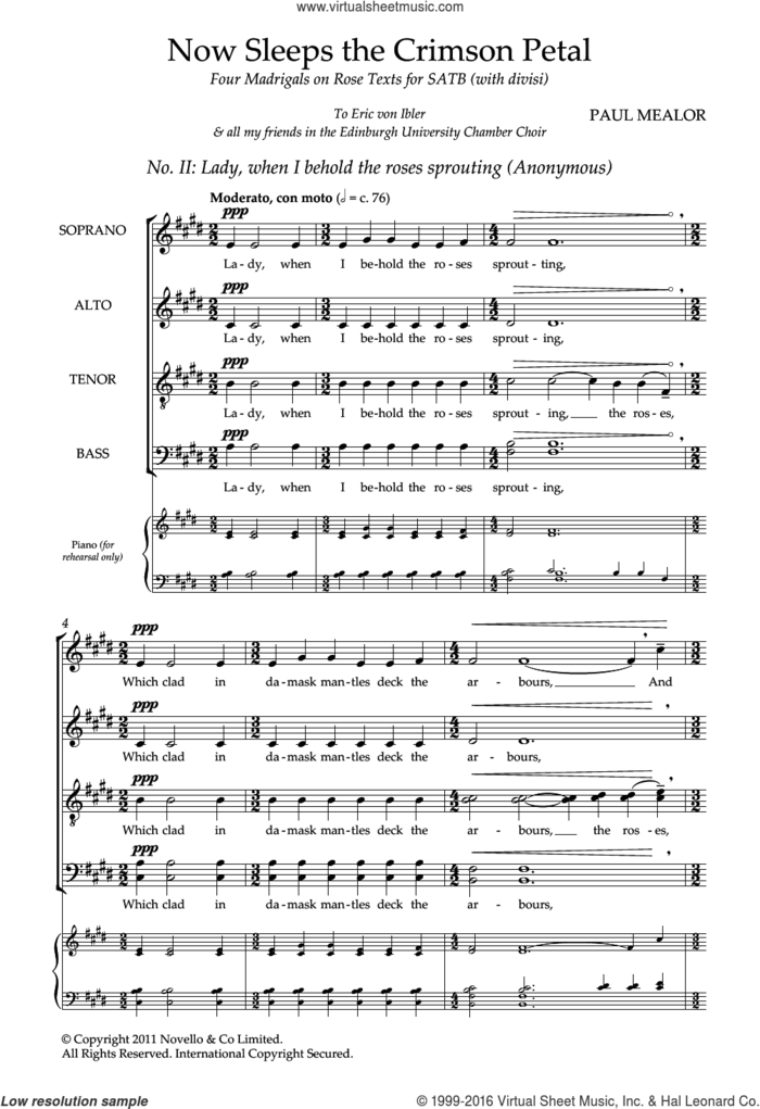 Lady, When I Behold (from 'Four Madrigals on Rose Texts') sheet music for choir (SATB: soprano, alto, tenor, bass) by Paul Mealor and Anon, classical score, intermediate skill level