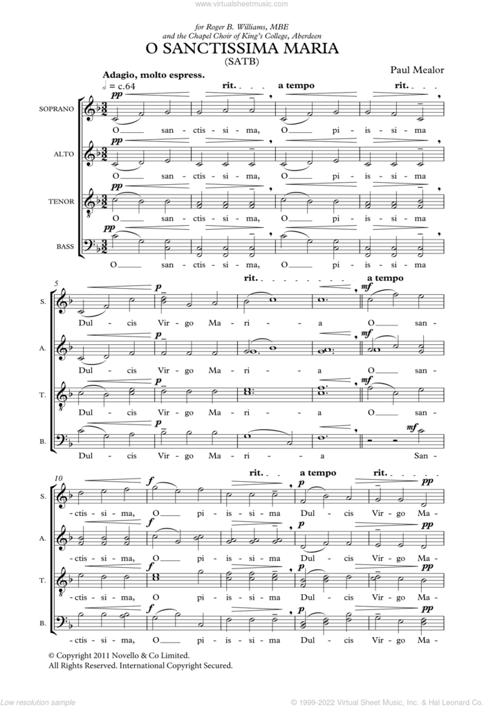 O Sanctissima Maria sheet music for choir by Paul Mealor and Liturgical Text, classical score, intermediate skill level