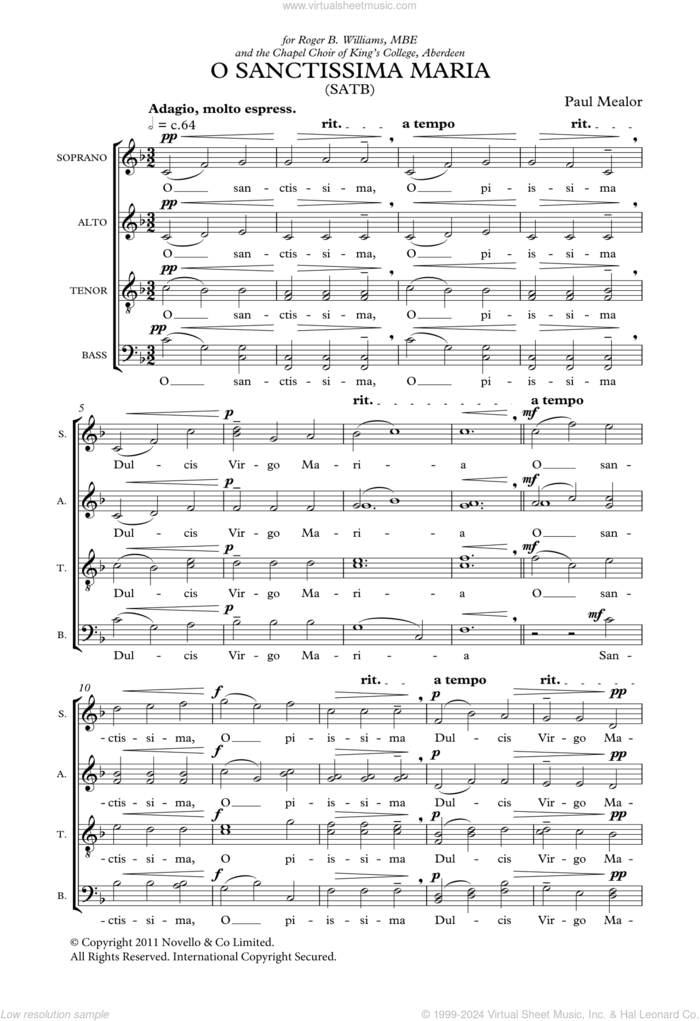 O Sanctissima Maria sheet music for choir by Paul Mealor and Liturgical Text, classical score, intermediate skill level