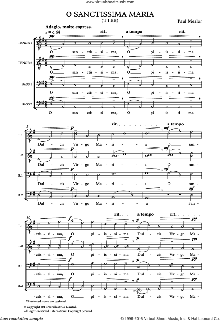 O Sanctissima Maria sheet music for choir (TTBB: tenor, bass) by Paul Mealor and Liturgical Text, classical score, intermediate skill level