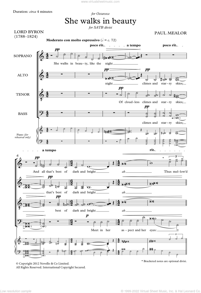 She walks in beauty sheet music for choir (SATB: soprano, alto, tenor, bass) by Paul Mealor and George Byron, classical score, intermediate skill level