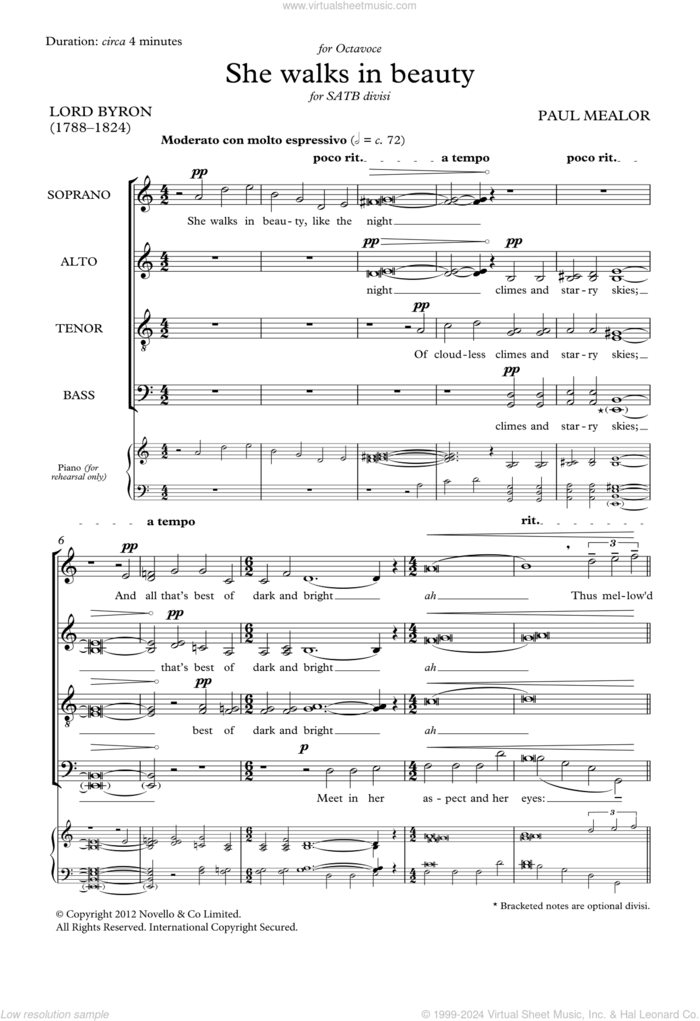 She walks in beauty sheet music for choir (SATB: soprano, alto, tenor, bass) by Paul Mealor and George Byron, classical score, intermediate skill level