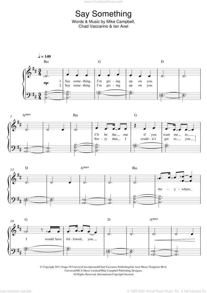 Say Something sheet music for voice and piano by A Great Big World, Christina Aguilera, Chad Vaccarino, Ian Axel and Mike Campbell, intermediate skill level