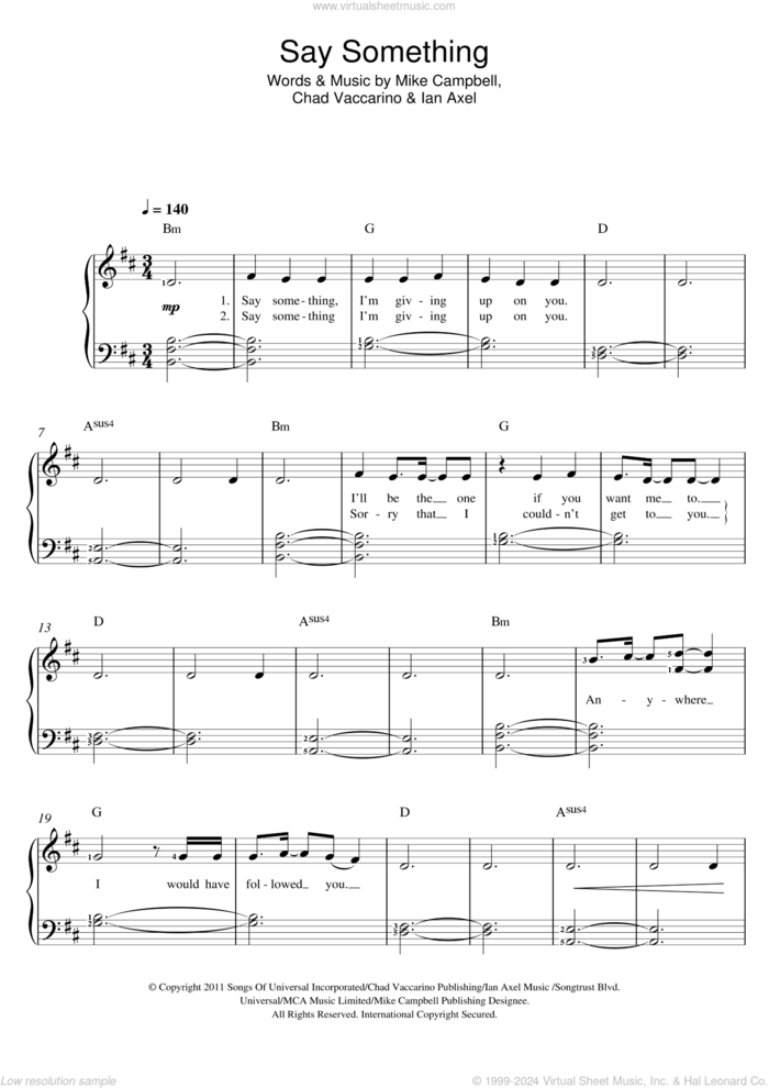 Say Something sheet music for voice and piano by A Great Big World, Christina Aguilera, Chad Vaccarino, Ian Axel and Mike Campbell, intermediate skill level