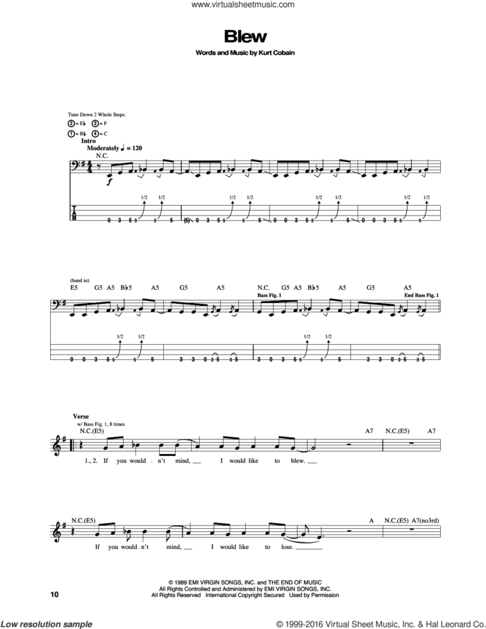 Blew sheet music for bass (tablature) (bass guitar) by Nirvana and Kurt Cobain, intermediate skill level
