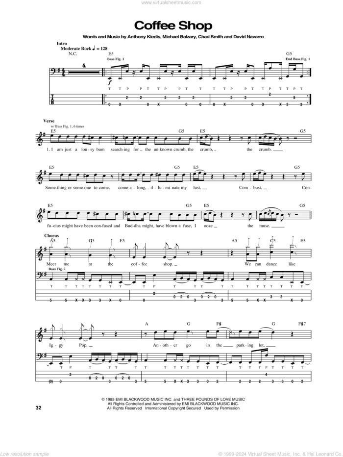 Coffee Shop sheet music for bass (tablature) (bass guitar) by Red Hot Chili Peppers, Anthony Kiedis, Chad Smith, David Navarro and Flea, intermediate skill level