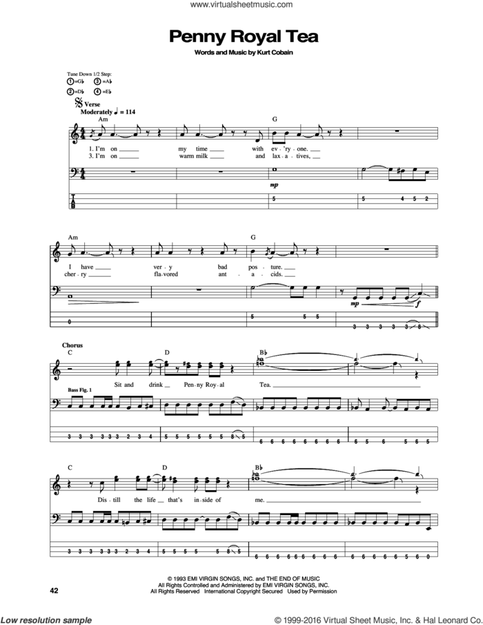 Pennyroyal Tea sheet music for bass (tablature) (bass guitar) by Nirvana and Kurt Cobain, intermediate skill level