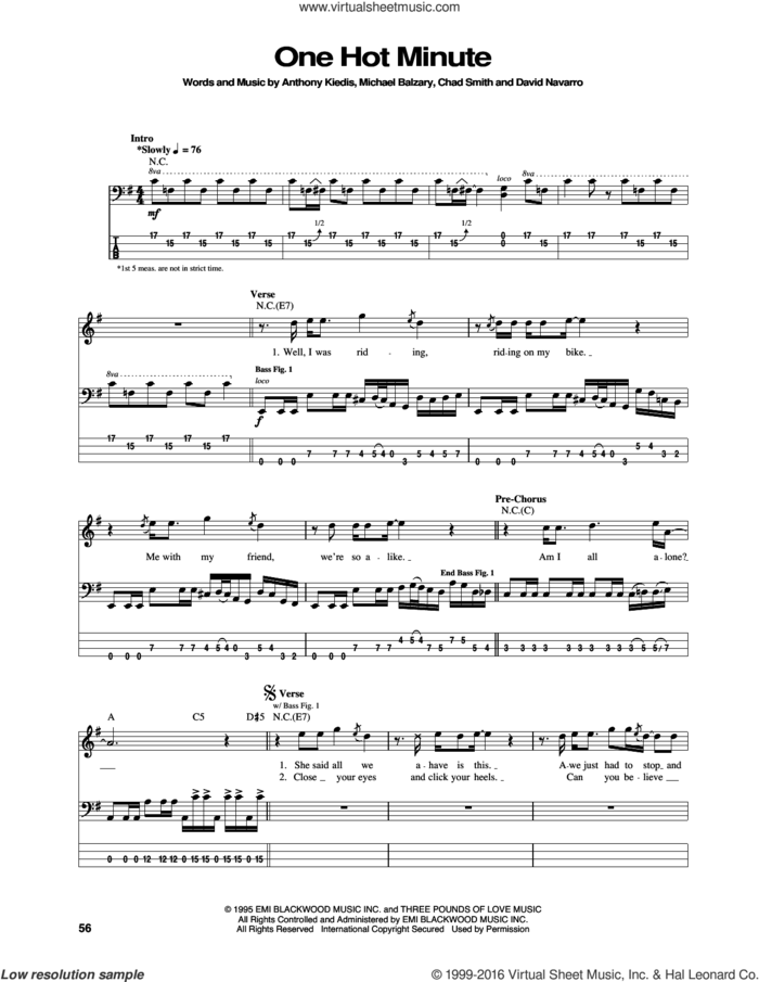 One Hot Minute sheet music for bass (tablature) (bass guitar) by Red Hot Chili Peppers, Anthony Kiedis, Chad Smith, David Navarro and Flea, intermediate skill level