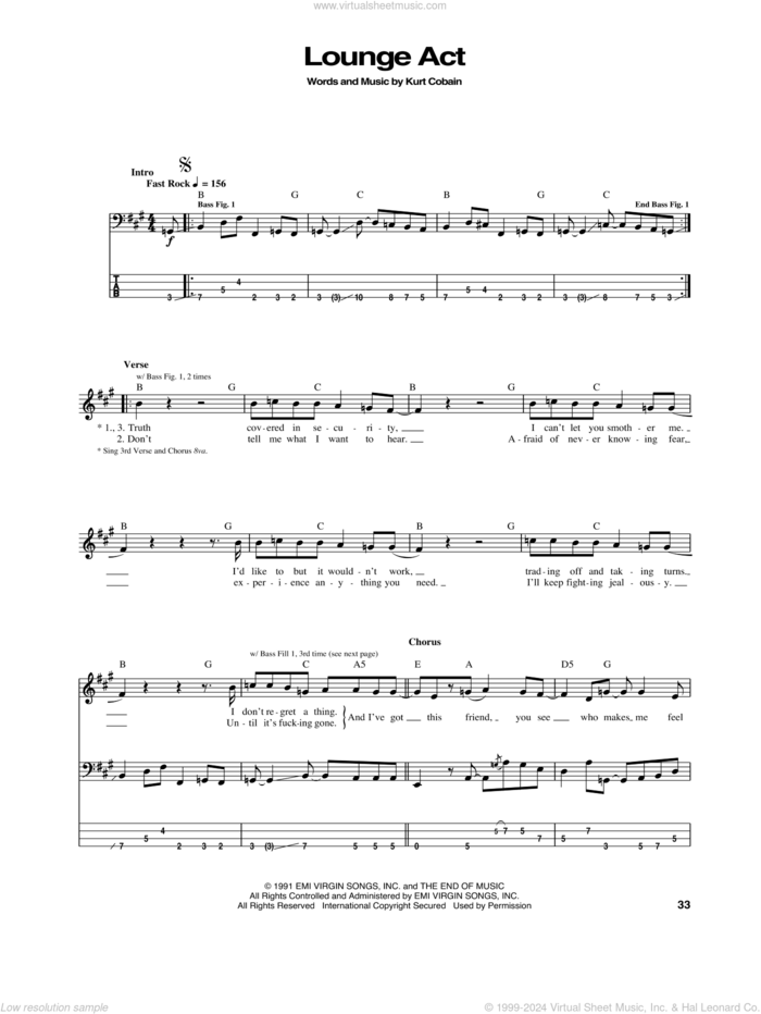Lounge Act sheet music for bass (tablature) (bass guitar) by Nirvana and Kurt Cobain, intermediate skill level