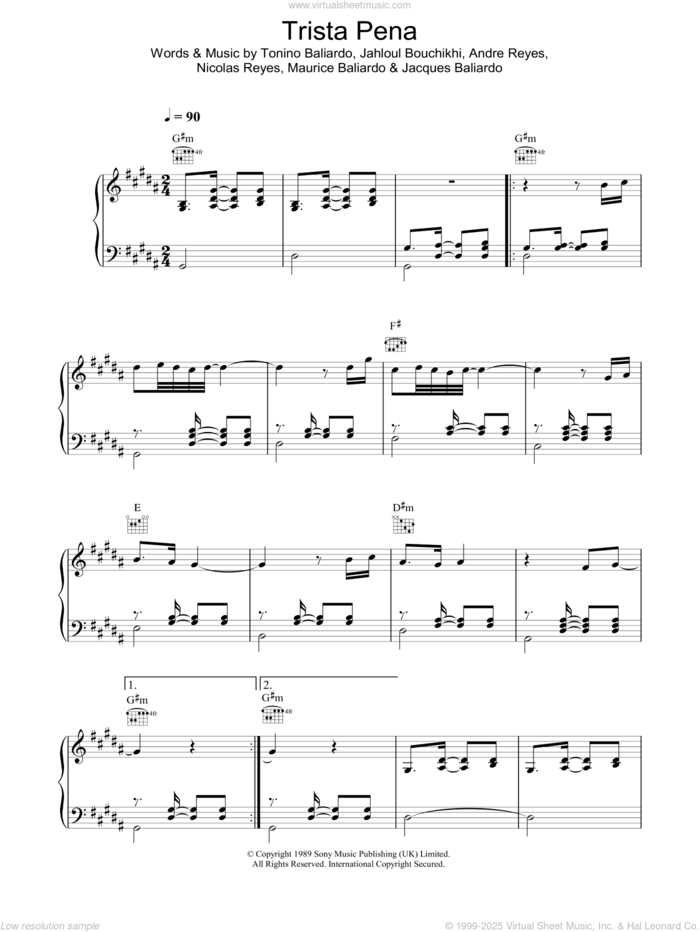 Trista Pena sheet music for voice, piano or guitar by The Gipsy Kings, Andre Reyes, Jacques Baliardo, Jahloul Bouchikhi, Maurice Baliardo, Nicolas Reyes and Tonino Baliardo, intermediate skill level