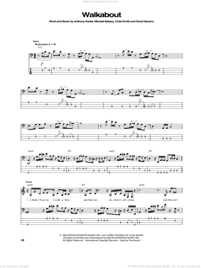 Walkabout sheet music for bass (tablature) (bass guitar) by Red Hot Chili Peppers, Anthony Kiedis, Chad Smith, David Navarro and Flea, intermediate skill level