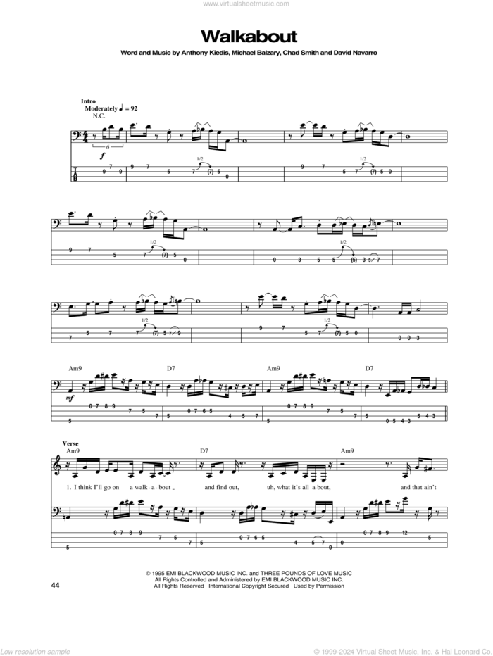 Walkabout sheet music for bass (tablature) (bass guitar) by Red Hot Chili Peppers, Anthony Kiedis, Chad Smith, David Navarro and Flea, intermediate skill level