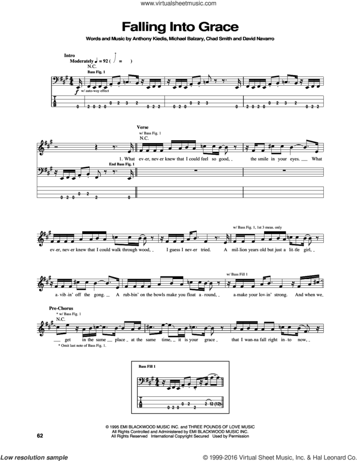Falling Into Grace sheet music for bass (tablature) (bass guitar) by Red Hot Chili Peppers, Anthony Kiedis, Chad Smith, David Navarro and Flea, intermediate skill level