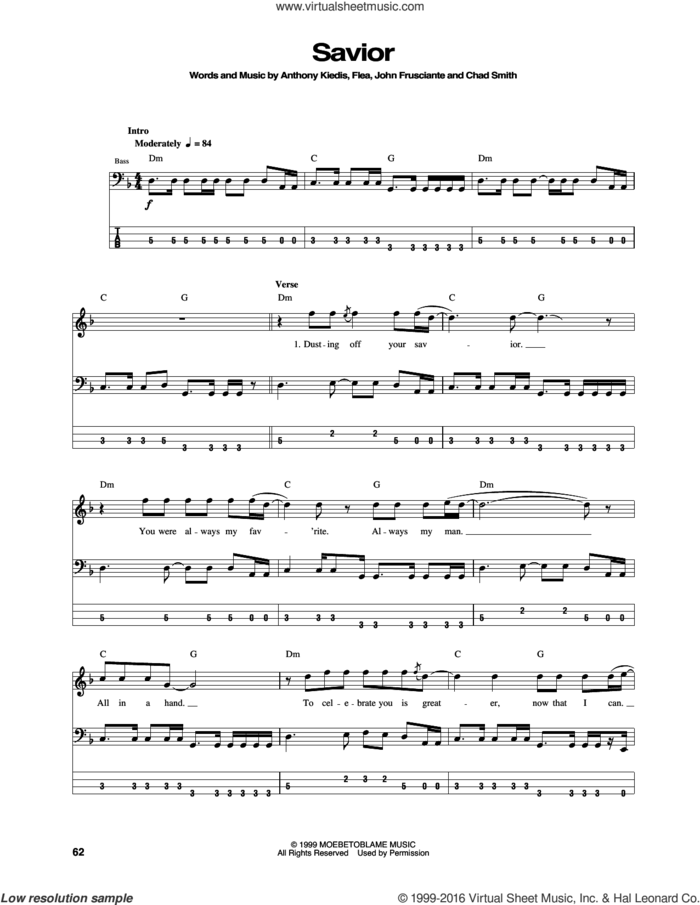 Savior sheet music for bass (tablature) (bass guitar) by Red Hot Chili Peppers, Anthony Kiedis, Chad Smith, Flea and John Frusciante, intermediate skill level