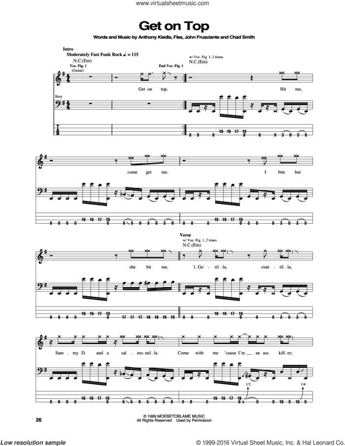 Get On Top sheet music for bass (tablature) (bass guitar) by Red Hot Chili Peppers, Anthony Kiedis, Chad Smith, Flea and John Frusciante, intermediate skill level