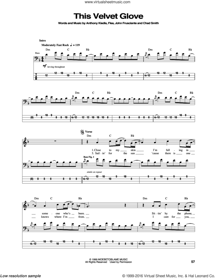 This Velvet Glove sheet music for bass (tablature) (bass guitar) by Red Hot Chili Peppers, Anthony Kiedis, Chad Smith, Flea and John Frusciante, intermediate skill level