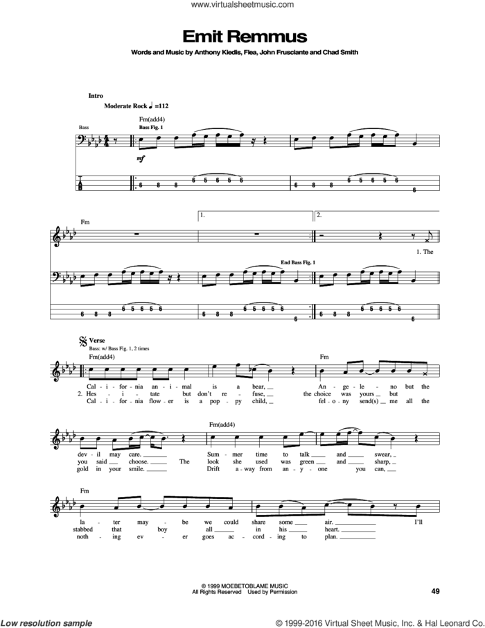 Emit Remmus sheet music for bass (tablature) (bass guitar) by Red Hot Chili Peppers, Anthony Kiedis, Chad Smith, Flea and John Frusciante, intermediate skill level