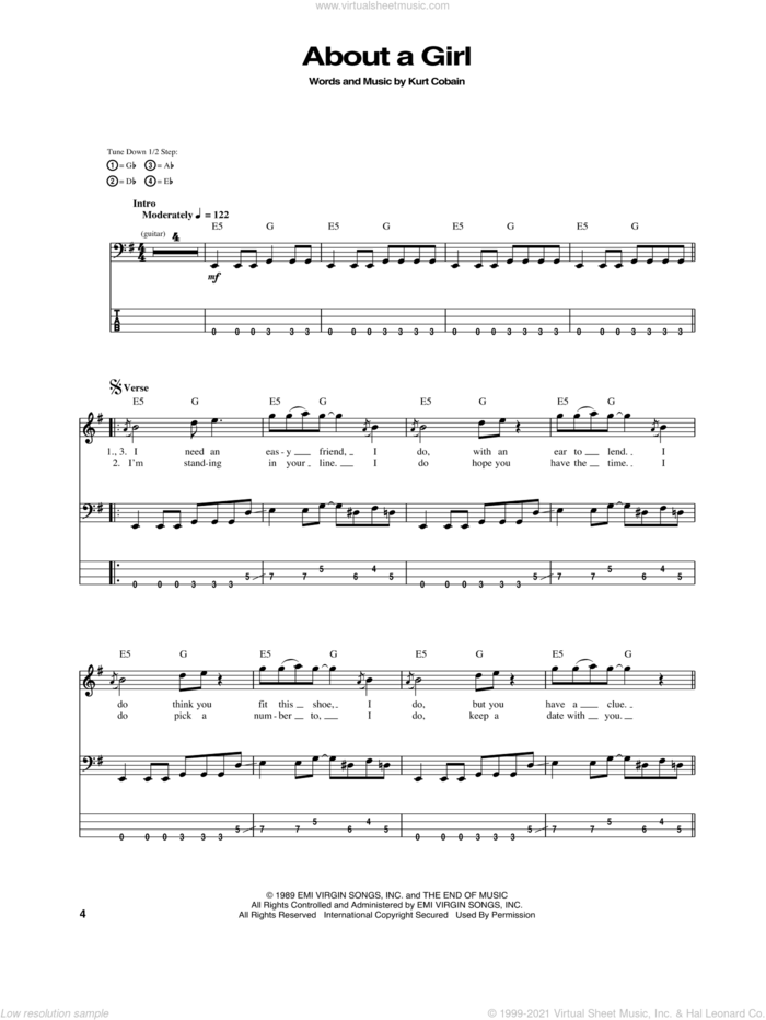 About A Girl sheet music for bass (tablature) (bass guitar) by Nirvana and Kurt Cobain, intermediate skill level