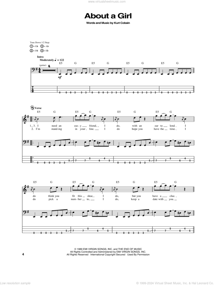 About A Girl sheet music for bass (tablature) (bass guitar) by Nirvana and Kurt Cobain, intermediate skill level