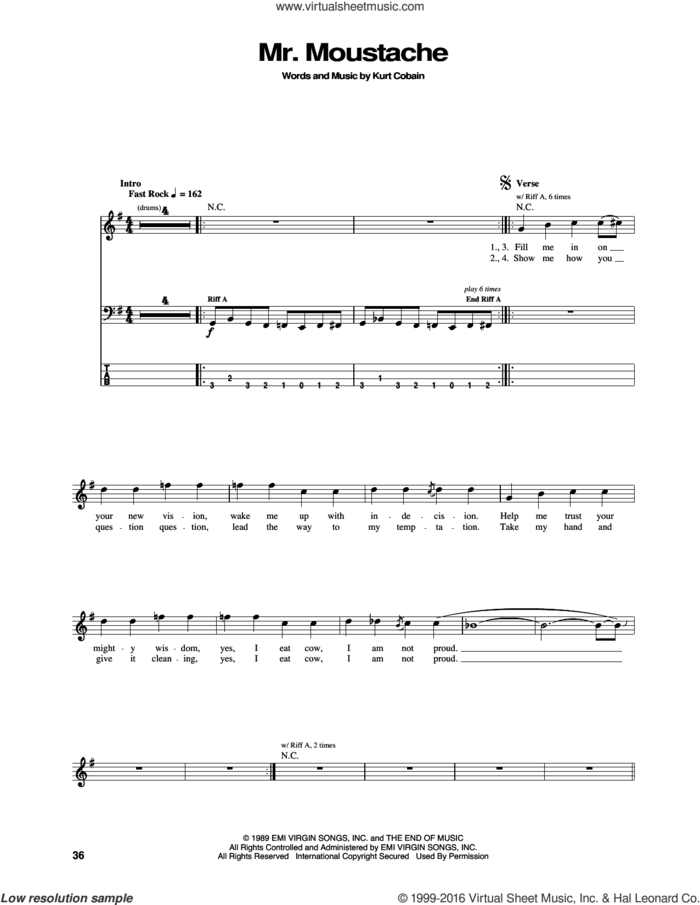 Mr. Moustache sheet music for bass (tablature) (bass guitar) by Nirvana and Kurt Cobain, intermediate skill level