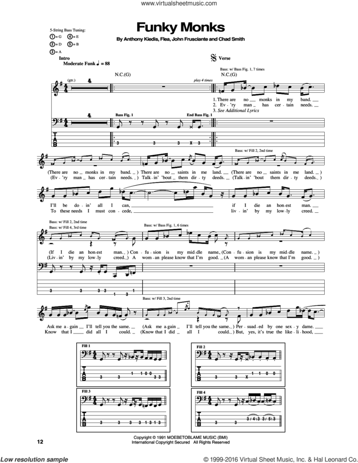 Funky Monks sheet music for bass (tablature) (bass guitar) by Red Hot Chili Peppers, Anthony Kiedis, Chad Smith, Flea and John Frusciante, intermediate skill level