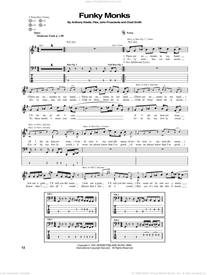 Funky Monks sheet music for bass (tablature) (bass guitar) by Red Hot Chili Peppers, Anthony Kiedis, Chad Smith, Flea and John Frusciante, intermediate skill level