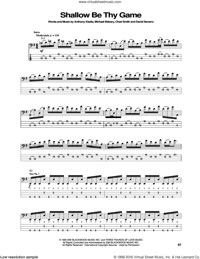Shallow Be Thy Game sheet music for bass (tablature) (bass guitar) by Red Hot Chili Peppers, Anthony Kiedis, Chad Smith, David Navarro and Flea, intermediate skill level