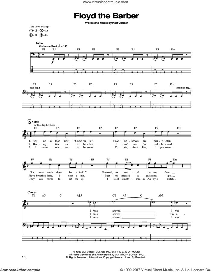 Floyd The Barber sheet music for bass (tablature) (bass guitar) by Nirvana and Kurt Cobain, intermediate skill level