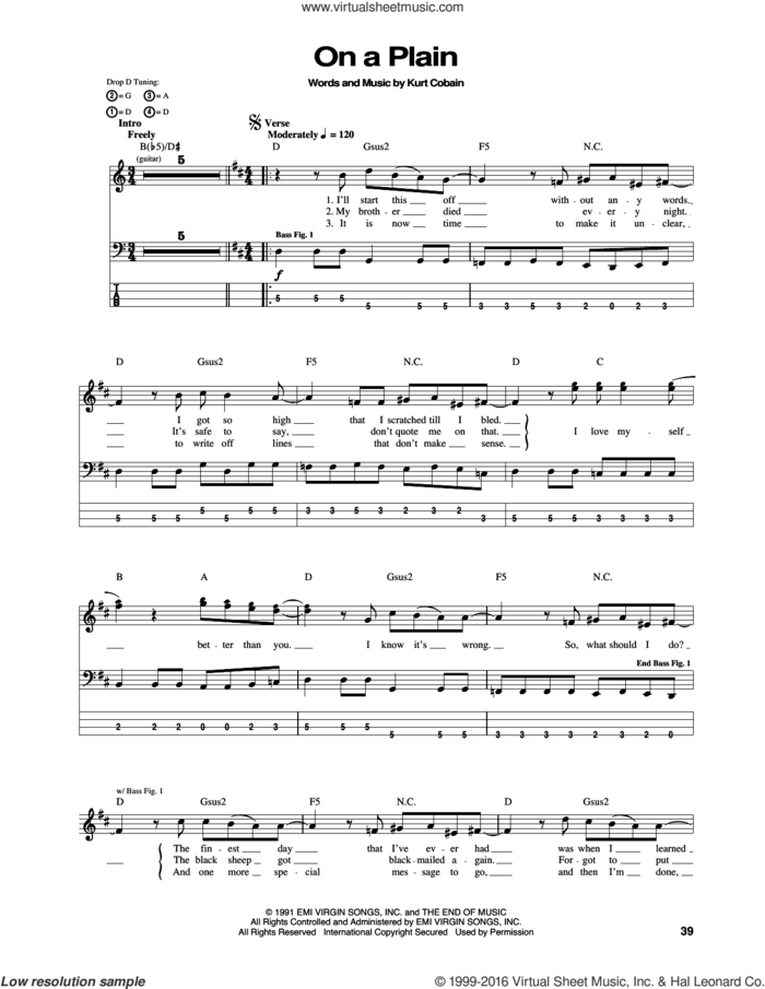 On A Plain sheet music for bass (tablature) (bass guitar) by Nirvana and Kurt Cobain, intermediate skill level