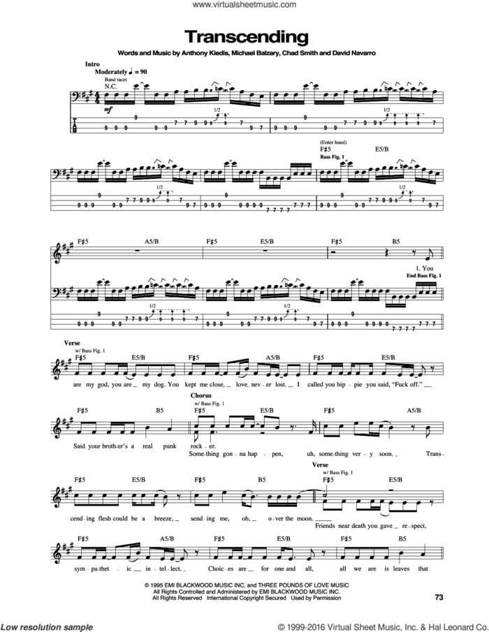 Transcending sheet music for bass (tablature) (bass guitar) by Red Hot Chili Peppers, Anthony Kiedis, Chad Smith, David Navarro and Flea, intermediate skill level