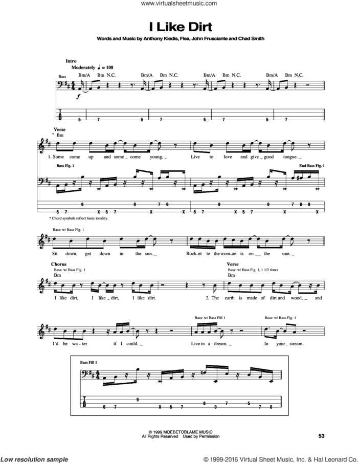 I Like Dirt sheet music for bass (tablature) (bass guitar) by Red Hot Chili Peppers, Anthony Kiedis, Chad Smith, Flea and John Frusciante, intermediate skill level