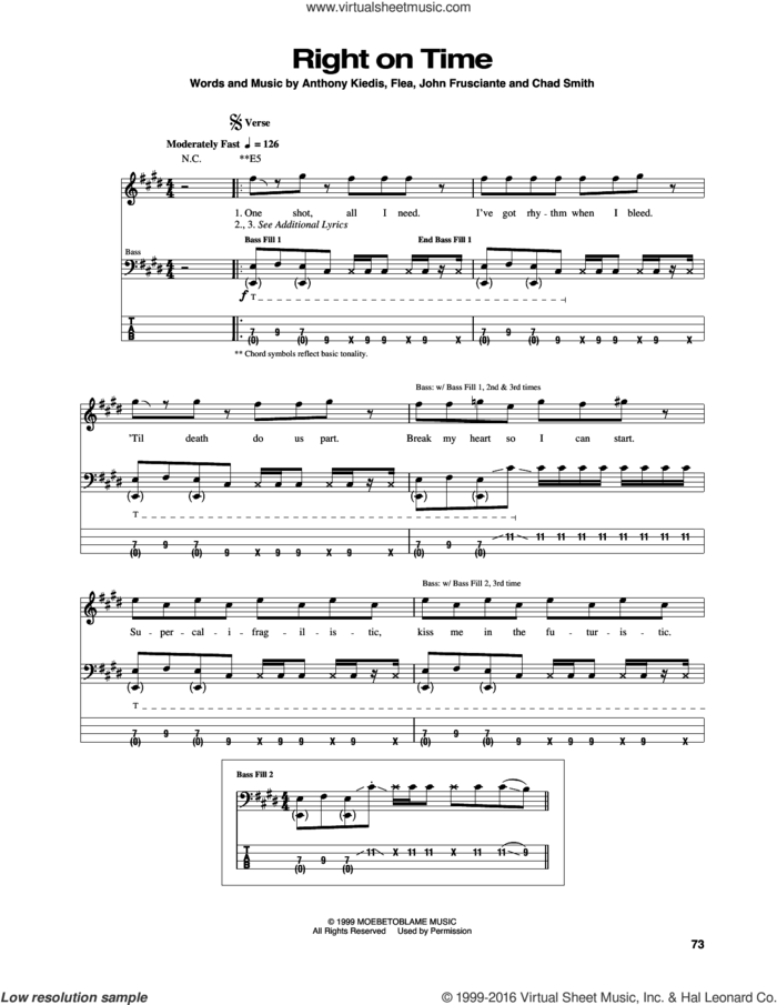 Right On Time sheet music for bass (tablature) (bass guitar) by Red Hot Chili Peppers, Anthony Kiedis, Chad Smith, Flea and John Frusciante, intermediate skill level