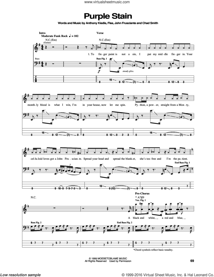 Purple Stain sheet music for bass (tablature) (bass guitar) by Red Hot Chili Peppers, Anthony Kiedis, Chad Smith, Flea and John Frusciante, intermediate skill level