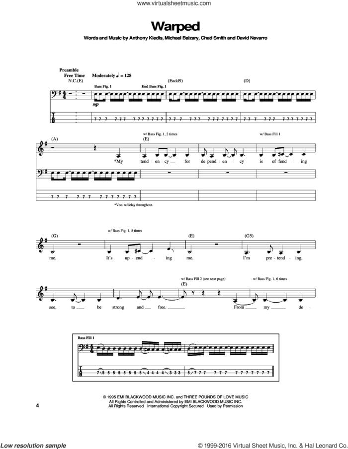 Warped sheet music for bass (tablature) (bass guitar) by Red Hot Chili Peppers, Anthony Kiedis, Chad Smith, David Navarro and Flea, intermediate skill level