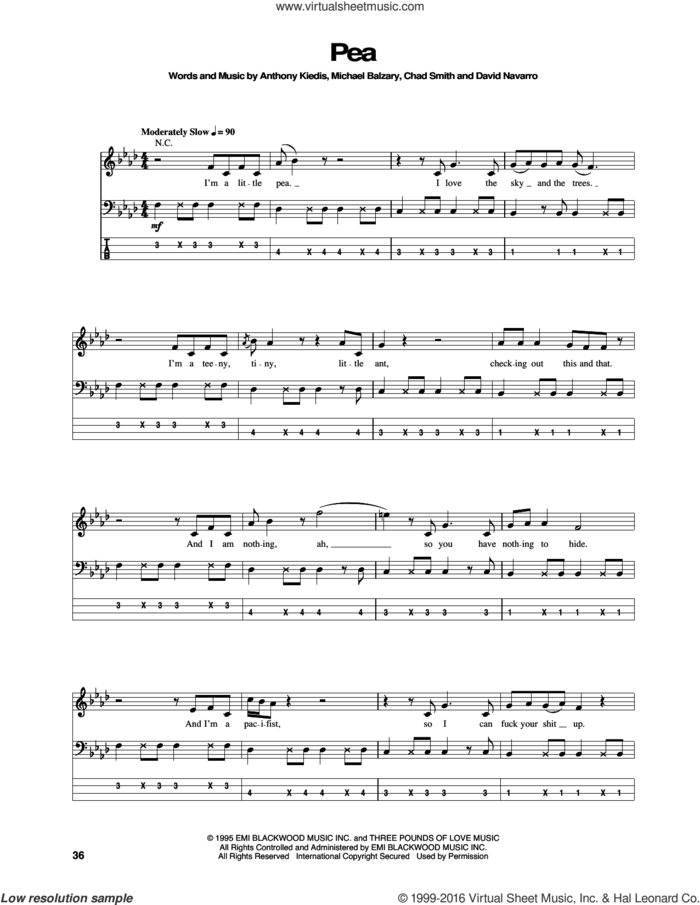Pea sheet music for bass (tablature) (bass guitar) by Red Hot Chili Peppers, Anthony Kiedis, Chad Smith, David Navarro and Flea, intermediate skill level