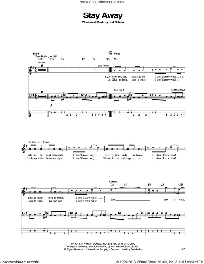 Stay Away sheet music for bass (tablature) (bass guitar) by Nirvana and Kurt Cobain, intermediate skill level