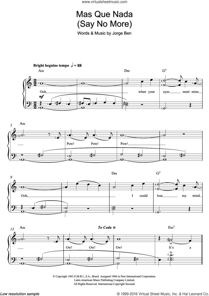 Mas Que Nada (Say No More) sheet music for voice, piano or guitar by Jorge Ben, intermediate skill level